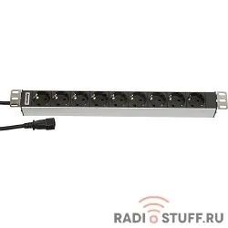 Блок розеток 19", горизонтальный, 9 розеток Schuko, 10A, вилка С14, шнур 2.5м, Hyperline