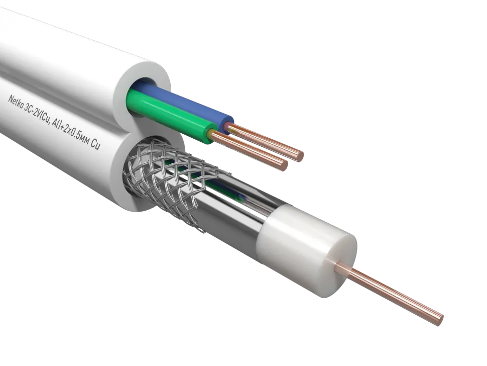 Кабель коаксиальный Netko 3C-2V, 75 Ом (CU, оплетка 32 нити AL) + кабель питания 2x0.5мм (CU, одножильный), аналог ККСВ, белый (100м)