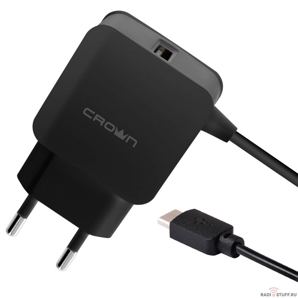 Crown CMWC-3001 Сетевое универсальное зарядное устройство (один порт зарядки; встроенный кабель microUSB 1 м, входное напряжение 100-240В; выходной ток DC 5В - 1,2А, цвет черный)